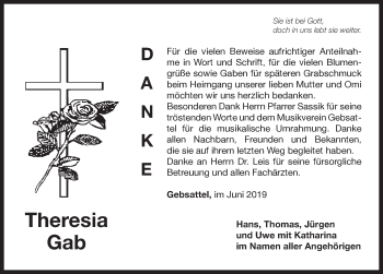 Traueranzeige von Theresia Gab von Rothenburg