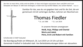 Traueranzeige von Thomas Fiedler von Rothenburg