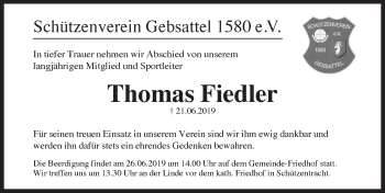 Traueranzeige von Thomas Fiedler von Rothenburg