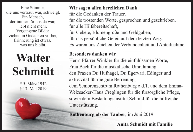  Traueranzeige für Walter Schmidt vom 08.06.2019 aus Rothenburg