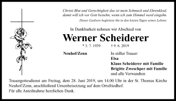 Traueranzeige von Werner Scheiderer von Neustadt/ Scheinfeld/ Uffenheim