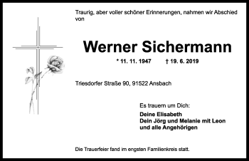 Traueranzeige von Werner Sichermann von Ansbach