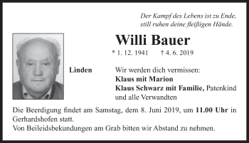 Traueranzeige von Willi Bauer von Neustadt/ Scheinfeld/ Uffenheim