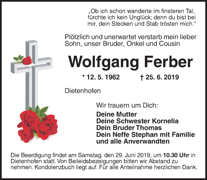  Traueranzeige für Wolfgang Ferber vom 28.06.2019 aus Ansbach