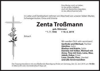 Traueranzeige von Zenta Troßmann von Dinkelsbühl/ Feuchtwangen