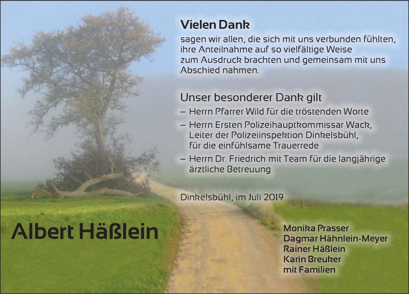  Traueranzeige für Albert Häßlein vom 06.07.2019 aus Dinkelsbühl/ Feuchtwangen