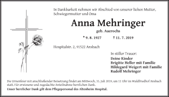 Traueranzeige von Anna Mehringer von Ansbach