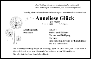 Traueranzeige von Anneliese Glück von Neustadt/ Scheinfeld/ Uffenheim