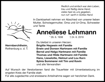 Traueranzeige von Anneliese Lehman von Rothenburg