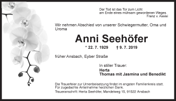 Traueranzeige von Anni Seehöfer von Ansbach