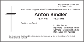 Traueranzeige von Anton Bindler von Dinkelsbühl/ Feuchtwangen