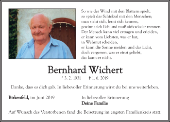 Traueranzeige von Bernhard Wichert von Neustadt/ Scheinfeld/ Uffenheim