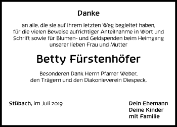 Traueranzeige von Betty Fürstenhöfer von Neustadt/ Scheinfeld/ Uffenheim