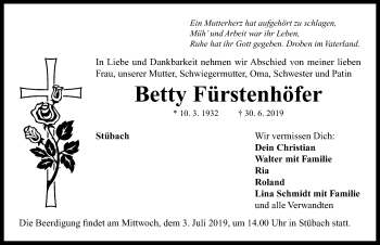 Traueranzeige von Betty Fürstenhöfer von Neustadt/ Scheinfeld/ Uffenheim