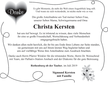 Traueranzeige von Christa Kersten von Rothenburg