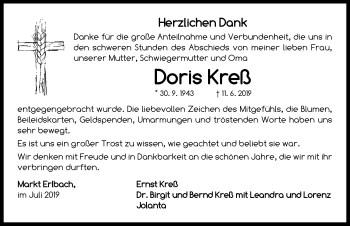 Traueranzeige von Doris Kreß von Neustadt/ Scheinfeld/ Uffenheim