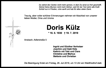 Traueranzeige von Doris Külz von Ansbach