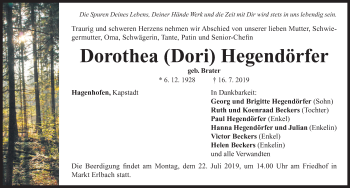 Traueranzeige von Dorothea Hegendörfer von Neustadt/ Scheinfeld/ Uffenheim
