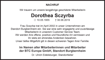 Traueranzeige von Dorothea Sczyrba von Rothenburg