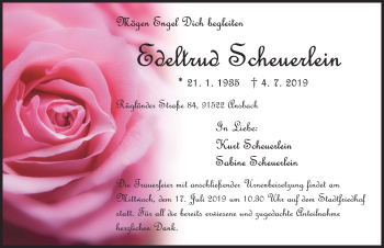 Traueranzeige von Edeltrud Scheuerlein von Ansbach