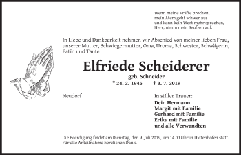 Traueranzeige von Elfriede Scheiderer von Ansbach