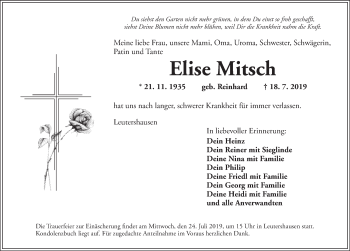 Traueranzeige von Elise Mitsch von Ansbach