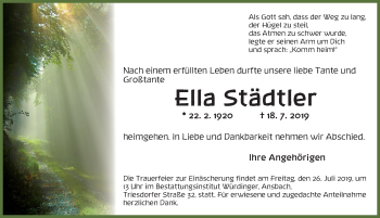 Traueranzeige von Ella Städtler von Ansbach