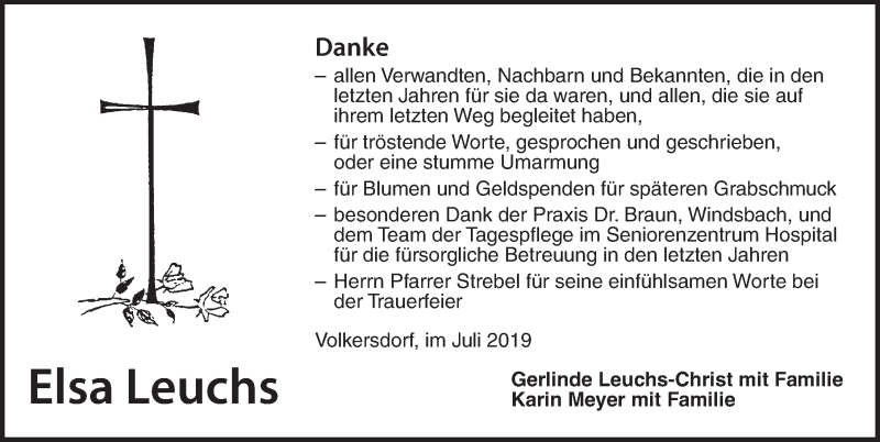 Traueranzeige für Elsa Leuchs vom 13.07.2019 aus Ansbach