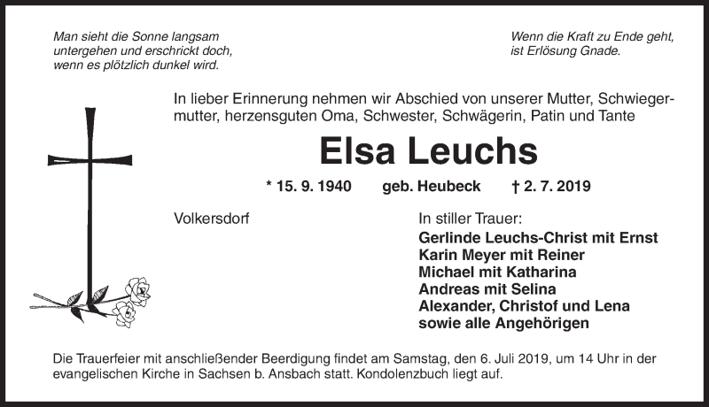  Traueranzeige für Elsa Leuchs vom 04.07.2019 aus Ansbach