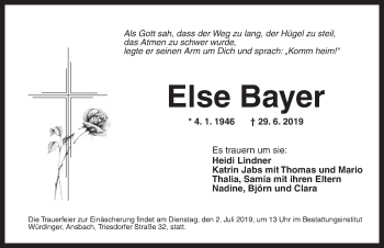 Traueranzeige von Else Bayer von Ansbach