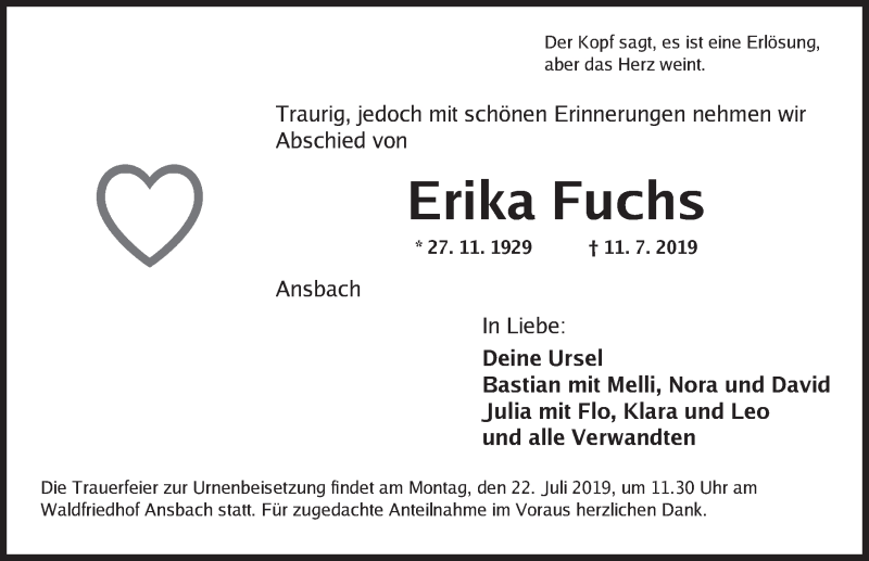  Traueranzeige für Erika Fuchs vom 19.07.2019 aus Ansbach