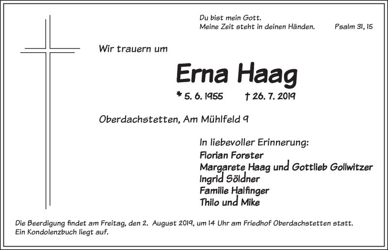  Traueranzeige für Erna Haag vom 30.07.2019 aus Ansbach