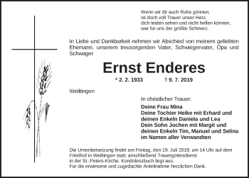 Traueranzeige von Ernst Enderes von Dinkelsbühl/ Feuchtwangen