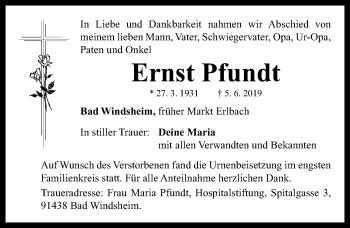 Traueranzeige von Ernst Pfundt von Neustadt/ Scheinfeld/ Uffenheim