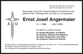 Traueranzeige von Ernst Josef Angermaier von Ansbach