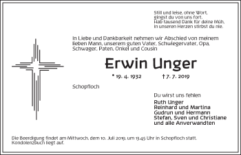 Traueranzeige von Erwin Unger von Dinkelsbühl/ Feuchtwangen