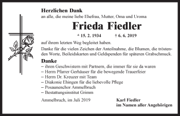 Traueranzeige von Frieda Fiedler von Dinkelsbühl/ Feuchtwangen