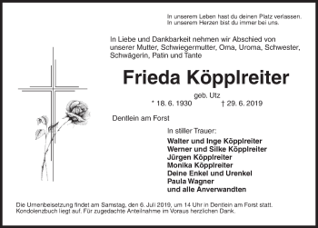 Traueranzeige von Frieda Köpplreiter von Dinkelsbühl/ Feuchtwangen