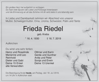 Traueranzeige von Frieda Riedel von Dinkelsbühl/ Feuchtwangen