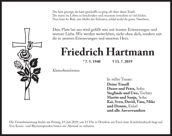 Traueranzeige von Friedrich Hartmann von Dinkelsbühl/ Feuchtwangen