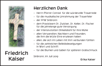 Traueranzeige von Friedrich Kaiser von Dinkelsbühl/ Feuchtwangen