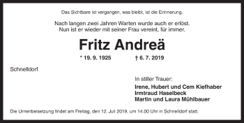 Traueranzeige von Fritz Andreä von Dinkelsbühl/ Feuchtwangen