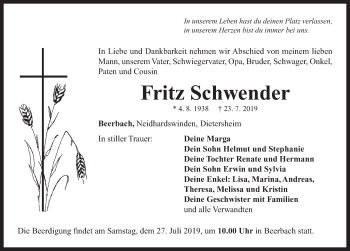 Traueranzeige von Fritz Schwender von Neustadt/ Scheinfeld/ Uffenheim