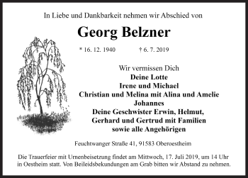 Traueranzeige von Georg Belzner von Rothenburg