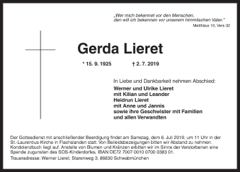 Traueranzeige von Gerda Lieret von Ansbach