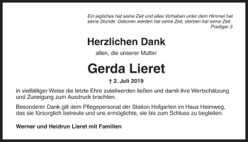 Traueranzeige von Gerda Lieret von Ansbach