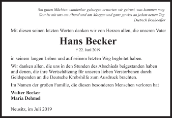 Traueranzeige von Hans Becker von Rothenburg