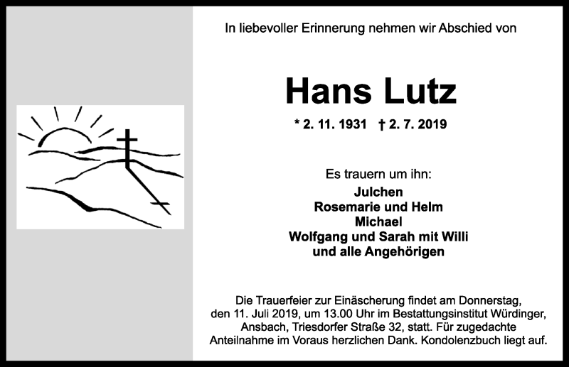  Traueranzeige für Hans Lutz vom 08.07.2019 aus Ansbach