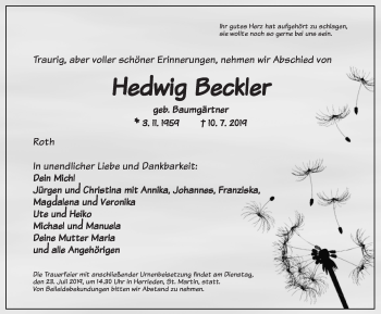 Traueranzeige von Hedwig Beckler von Ansbach