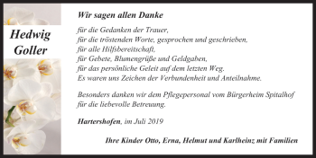 Traueranzeige von Hedwig Goller von Rothenburg